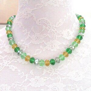 Green, yellow & smokey gray faceted glass bead necklace - Mid Century Revival